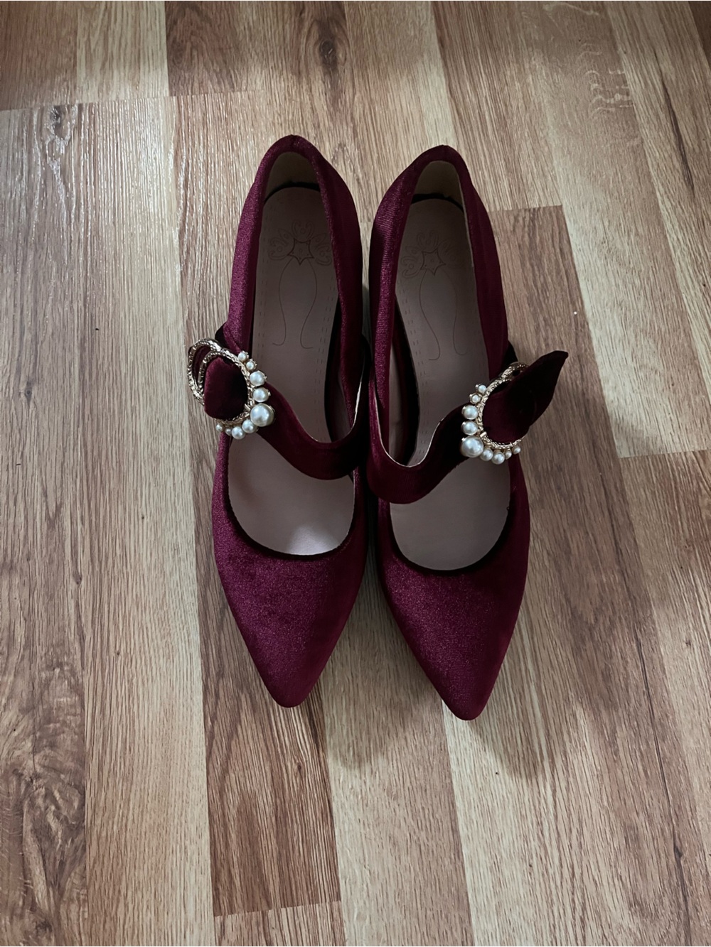 Women's Burgundy Pearl-Embellished Mary Jane Heels
